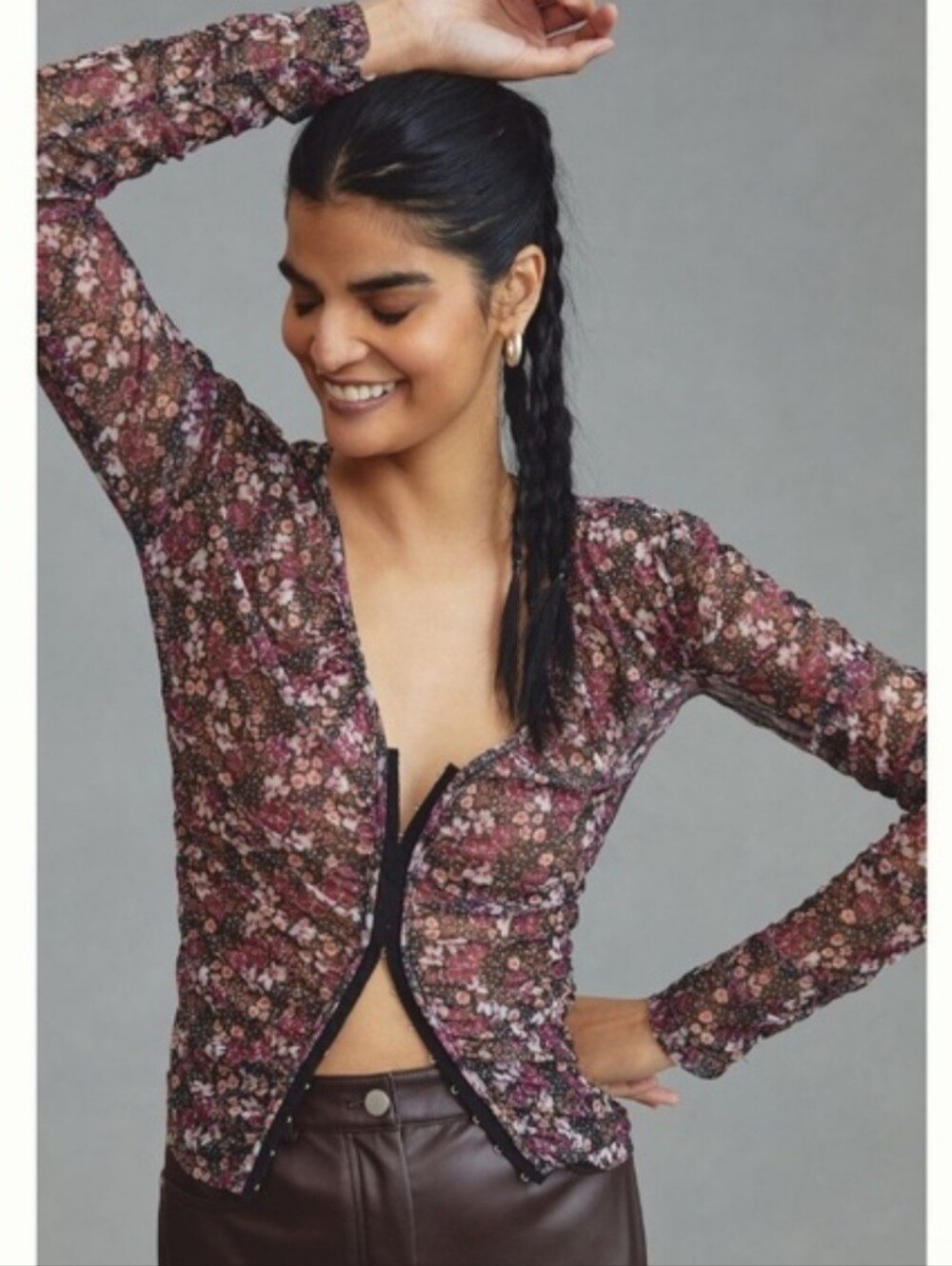 By Anthropologie Sheer Pink Floral Long Sleeve Blouse Small